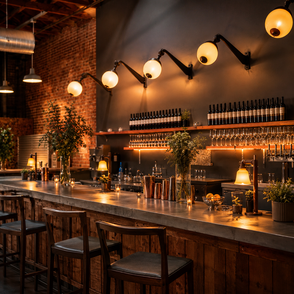 LongHouse bar area with exposed brick, warm lighting, and corporate event setup in San Francisco